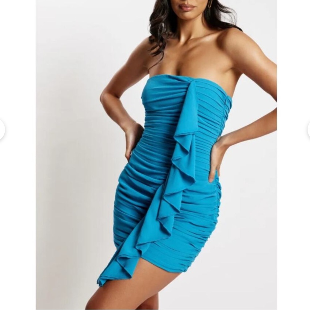Meshki Strapless Marine Blue Ruffle Ruched Mini Dress size Small